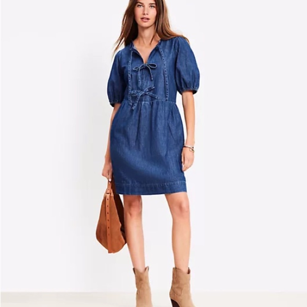 LOFT Navy Denim Dress with Tie Front